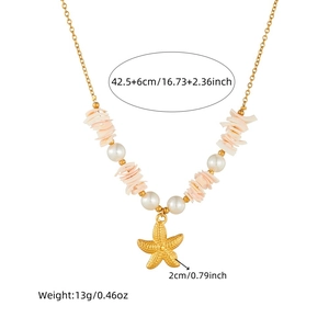 Gold stainless steel starfish necklace with white pearls and pink shell beads on white
