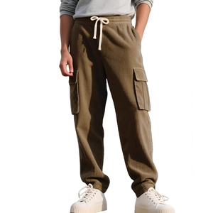 Men's dark brown corduroy cargo jogger pants with multi-pockets and drawstring waist