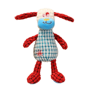 Cute cartoon long-eared dog plush toy in red, white and blue textured corn fleece