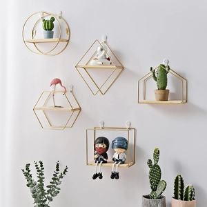 Wall Mounted Floating Shelf Nordic Geometric Iron Wood Storage Rack Decorative Display Organizer For Home Decor