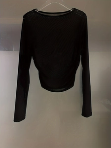 Elegant slim fit black long sleeve mesh see-through top for women with sheer texture