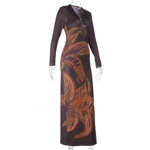 Detail of sexy deep V-neckline with hollow-out metal buckle and orange lily floral print