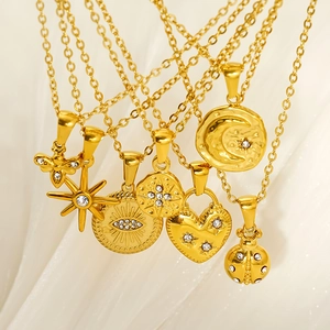 Vintage gold plated stainless steel celestial pendant necklaces with sun and star charms