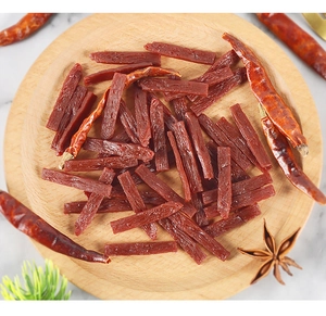 Miniature PVC beef jerky model in wooden bowl with realistic spices and textures