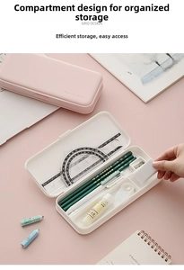 Internal compartments of pink and translucent white pencil boxes showing organized stationery
