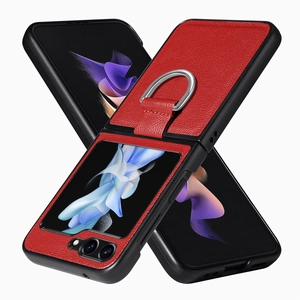 Detail view of red leather folding case with metal ring holder and black trim