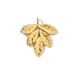 Detailed close-up of a gold-plated leaf pendant with hollow geometric spiral texture