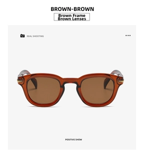 Front view of retro square-round brown sunglasses with translucent frames and metal accents