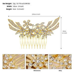 Detailed dimensions and material view of the golden flower rhinestone wedding hair comb