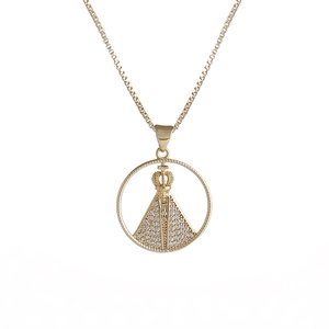 Pendant Necklace Copper Micro Inlaid Zircon Round Crown Virgin Mary Hip Hop Jewelry For Men Gold Plated