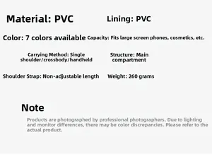 Detailed specifications of PVC jelly bag showing weight, material and strap functions