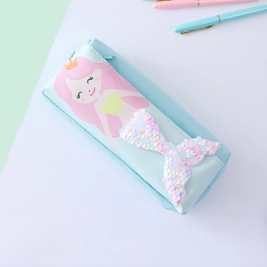 Cute mermaid pencil case with colorful sequin tail and light blue PU leather finish