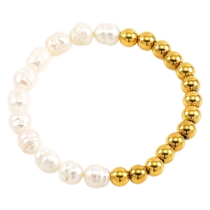 French style natural freshwater pearl and gold bead stainless steel bracelet for women