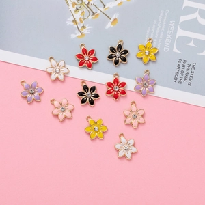 DIY colorful six-petal flower pendants with crystal center and gold alloy oil drip finish