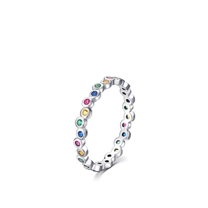 Minimalist S925 sterling silver ring featuring colorful round-cut rainbow zircons