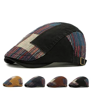 Béret Plat Vintage Patchwork Coton Toile Rétro Chapeau Ivy Réglable Style Britannique Pour Hommes Femmes