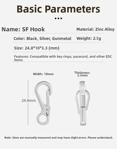 Detailed size specifications for mini zinc alloy spring snap hooks in various finishes