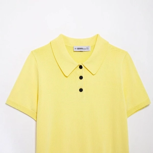 Short sleeve bright yellow ribbed knit POLO shirt with contrast black buttons