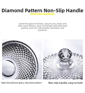 Detail of hand-blown lead-free glass candy jar with diamond texture and non-slip handle