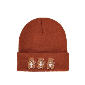 Caramel knit beanie with three embroidered bears and folded cuff for winter warmth