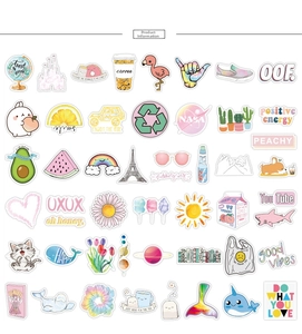 Variety pack of 50 colorful VSCO aesthetic stickers for laptops and travel suitcases