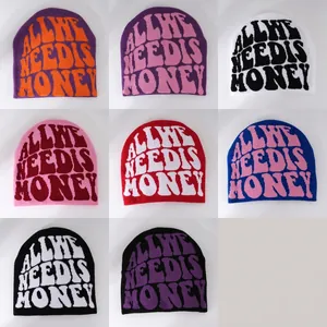 Knit beanie hats in 8 colors with 'ALL WE NEED IS MONEY' jacquard letter pattern