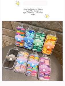 Detail of 8 packs colorful high elastic kids hair ties in clear display boxes