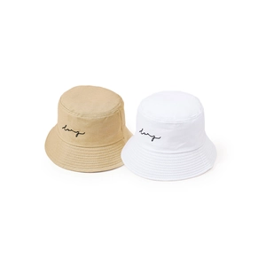 Minimalist cotton canvas bucket hat in beige and white with embroidered lettering