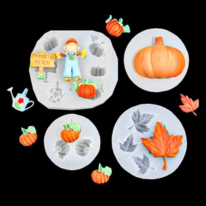 Juego de moldes 3D de silicona para Halloween con calabaza, hoja de arce y espantapájaros
