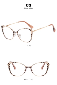 Detailed views of leopard cat-eye glasses frames with gold metal temples and C3 color code