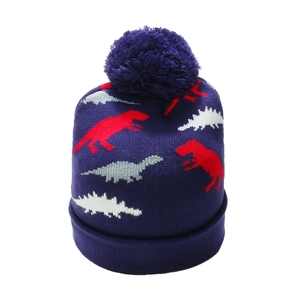 Close-up of tight knitting texture and cartoon dinosaur pattern on purple beanie hat