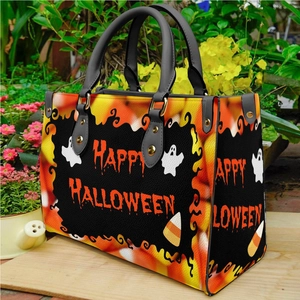 Lightweight Halloween pumpkin cat tote bag made of PU leather with Happy Halloween print