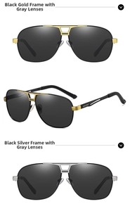 Detail view of aviator polarized sunglasses in black gold and black silver frames