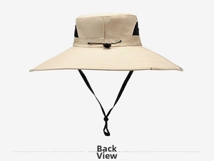 Detail view of khaki wide-brim sun hat with black mesh vents and adjustable wind cord