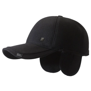 Winter men's thermal baseball cap with ear flaps and Sport Fashion label in black