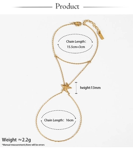 Detailed dimensions of gold starfish finger bracelet with 15.5+3cm chain length