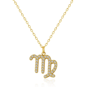 Detailed view of Virgo zodiac pendant in 18k gold finish with white zircon stones