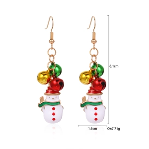 Detailed view of snowman bell earrings with dimensions 6.1cm by 1.6cm on white backdrop