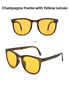 Detail view of foldable sunglasses with champagne frames and yellow lenses from two angles