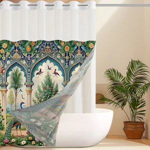 Close-up of shower curtain with metal rings, peacock design and Persian floral pattern