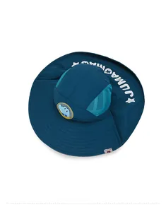 Detail of kids sun hat featuring blue mesh panels and a cute dinosaur patch on the top