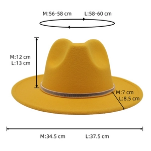 Detailed size chart for mustard yellow wide-brim wool felt fedora with gold metal trim