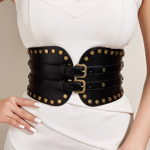 Women Corset Belt Wide Elastic Waist Seal PU Leather Retro Punk Style Double Buckle Rivet Decoration