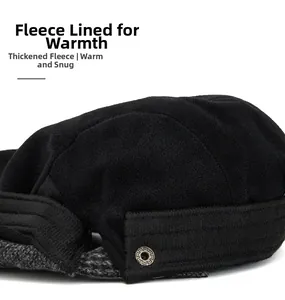 Detail view of winter plaid ivy cap showing thick black fleece lining and warm ear flaps