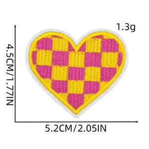 Pink and yellow checkered heart embroidery patch with size dimensions 5.2cm x 4.5cm