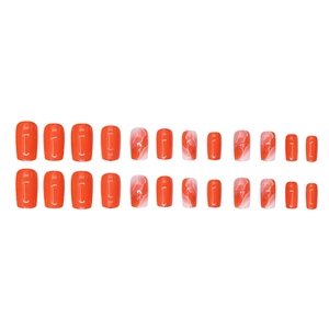 24 faux ongles orange effet marbré avec paillettes et forme carrée élégante