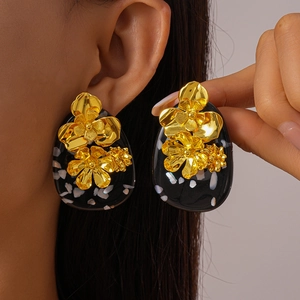Retro Vintage Geometric Oval Resin Earrings With Gold Flowers And 925 Sterling Silver Earring Post For Women