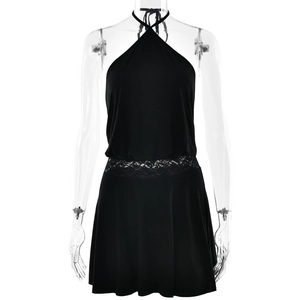 Sexy black halter neck sleeveless dress with lace waist details for women summer style