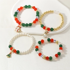 Christmas pearl beaded bracelets with festive red green colors and golden charms