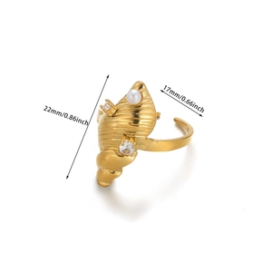 Detail view of gold conch ring with pearls and cubic zirconia including dimensions